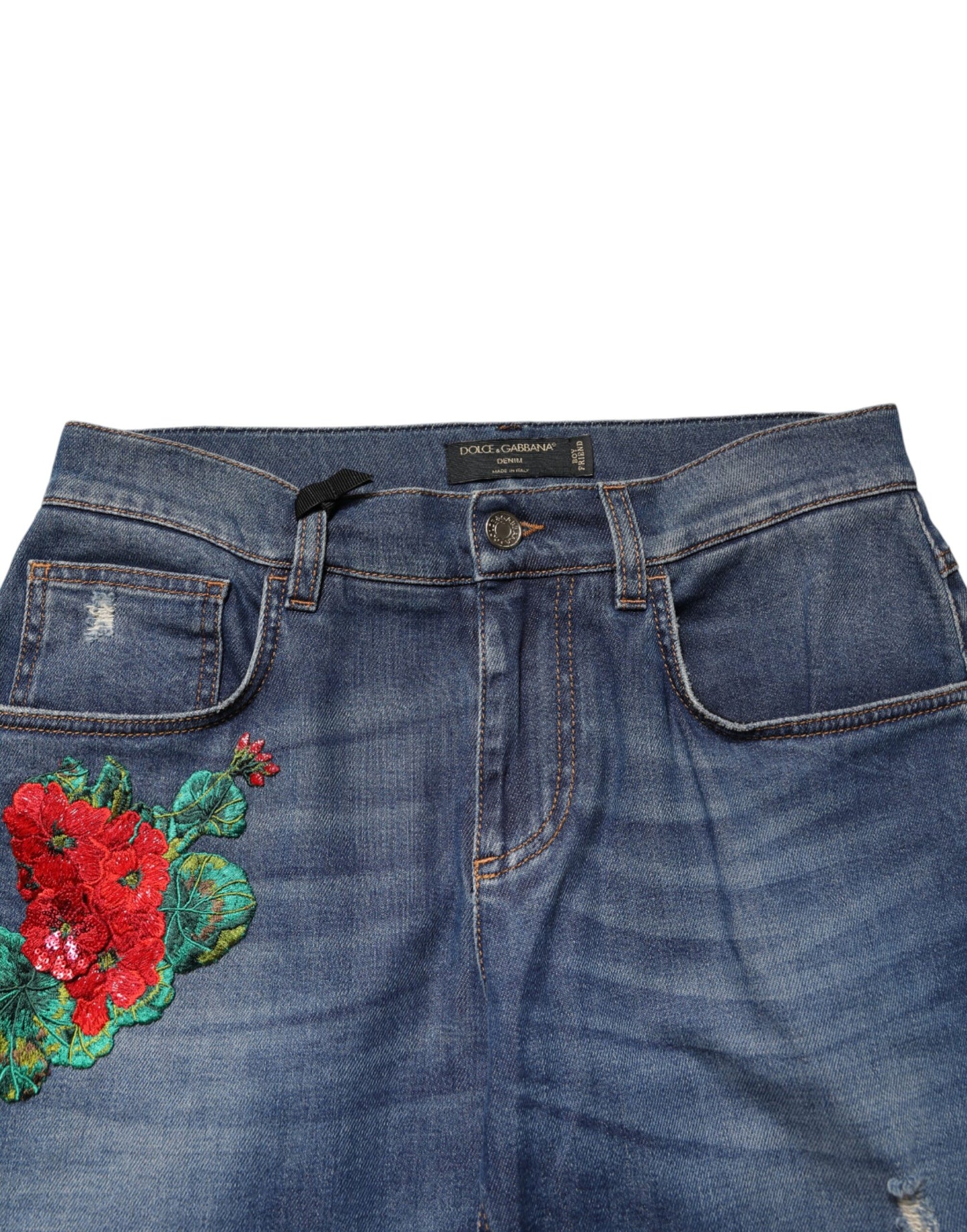 Dolce & Gabbana Blue Floral Embroidered Boyfriend Denim Jeans