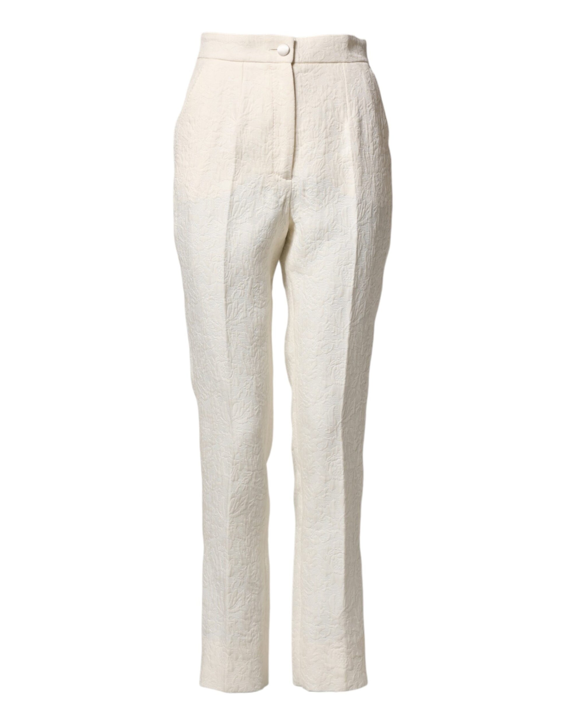 Dolce & Gabbana White Cotton Floral Brocade Dress Pants