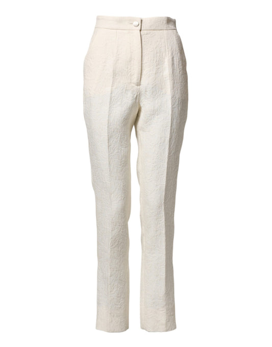 Dolce & Gabbana White Cotton Floral Brocade Dress Pants