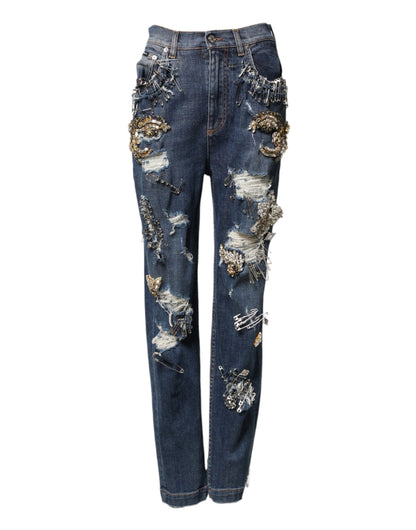Dolce & Gabbana Blue Cotton Rhinestone Embellished Denim Jeans