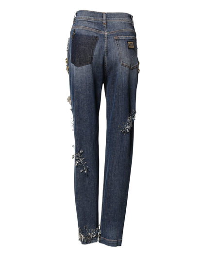 Dolce & Gabbana Blue Cotton Rhinestone Embellished Denim Jeans