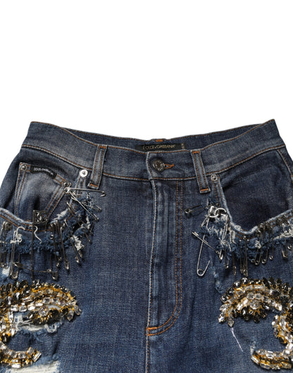 Dolce & Gabbana Blue Cotton Rhinestone Embellished Denim Jeans