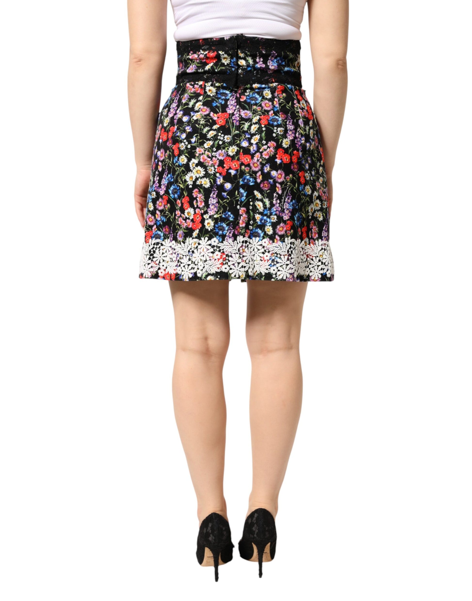 Dolce & Gabbana Black Floral Lace Cotton High-Waist Mini Skirt