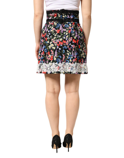 Dolce & Gabbana Black Floral Lace Cotton High-Waist Mini Skirt