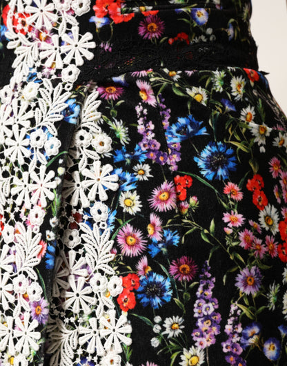 Dolce & Gabbana Black Floral Lace Cotton High-Waist Mini Skirt