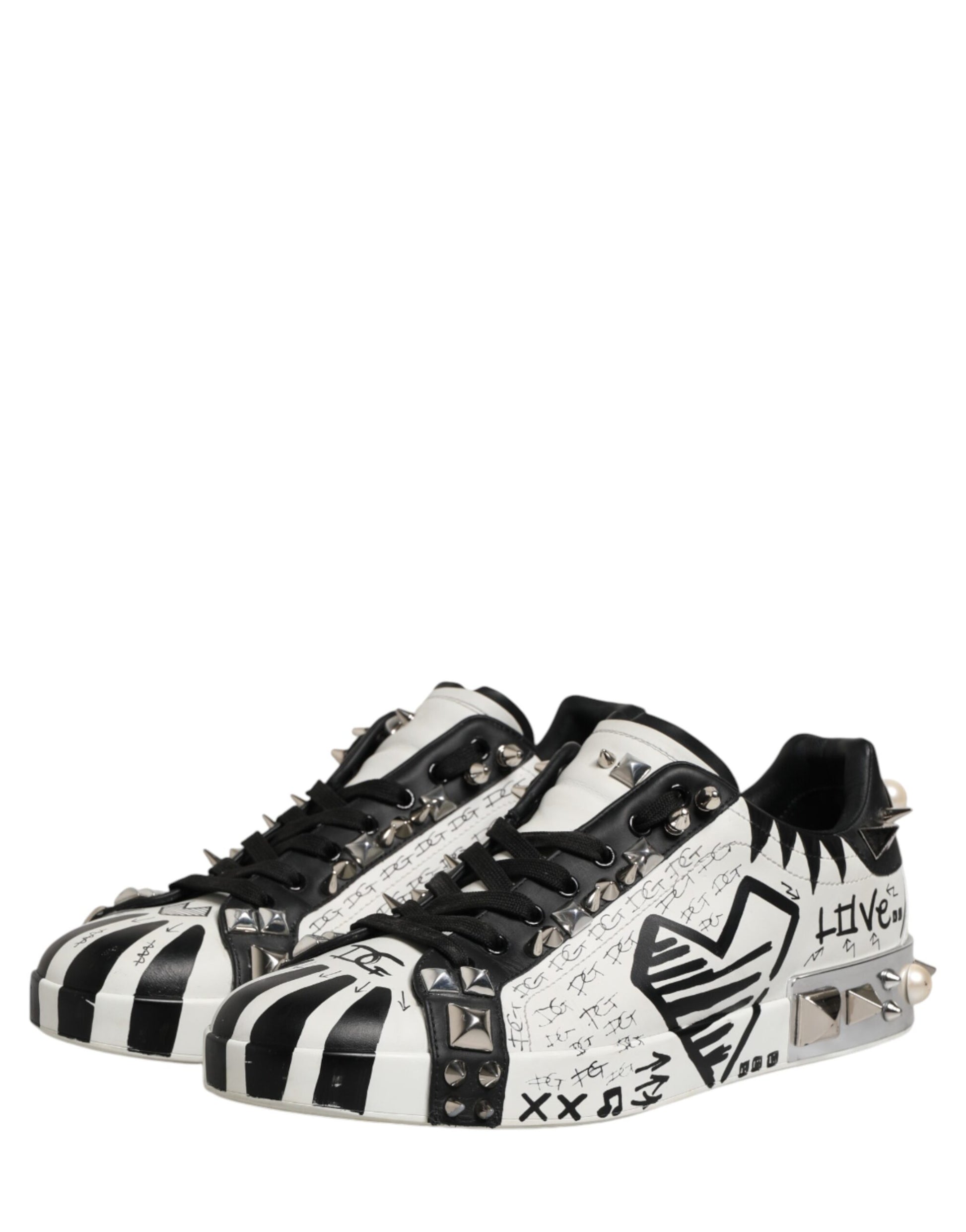 Dolce & Gabbana Black White Studded Low Top Sneakers Shoes