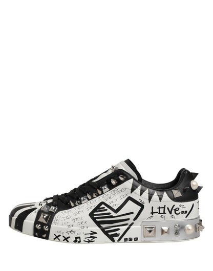 Dolce & Gabbana Black White Studded Low Top Sneakers Shoes