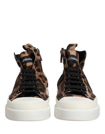 Dolce & Gabbana Brown Leopard Cotton High Top Sneakers