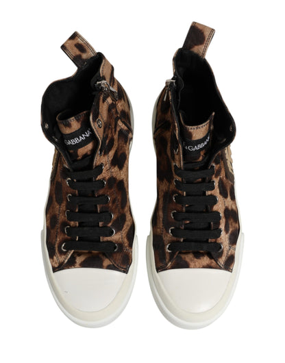 Dolce & Gabbana Brown Leopard Cotton High Top Sneakers