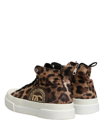 Dolce & Gabbana Brown Leopard Cotton High Top Sneakers