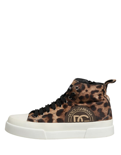Dolce & Gabbana Brown Leopard Cotton High Top Sneakers