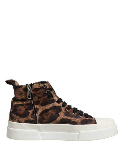Dolce & Gabbana Brown Leopard Cotton High Top Sneakers