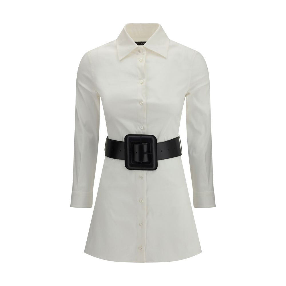 Balenciaga White Cotton Casual Black Belted Dress