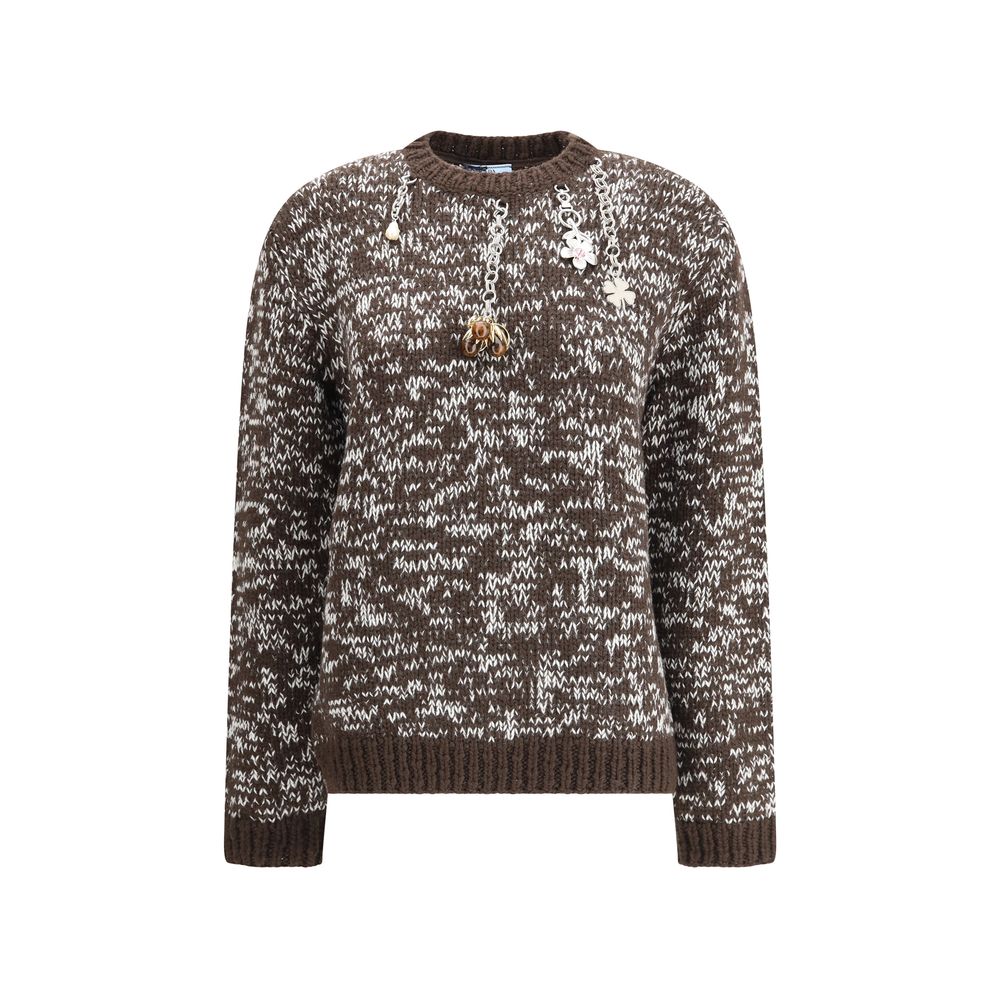 Prada Brown Fleece Wool Sweatshirt with Charm Embellishments