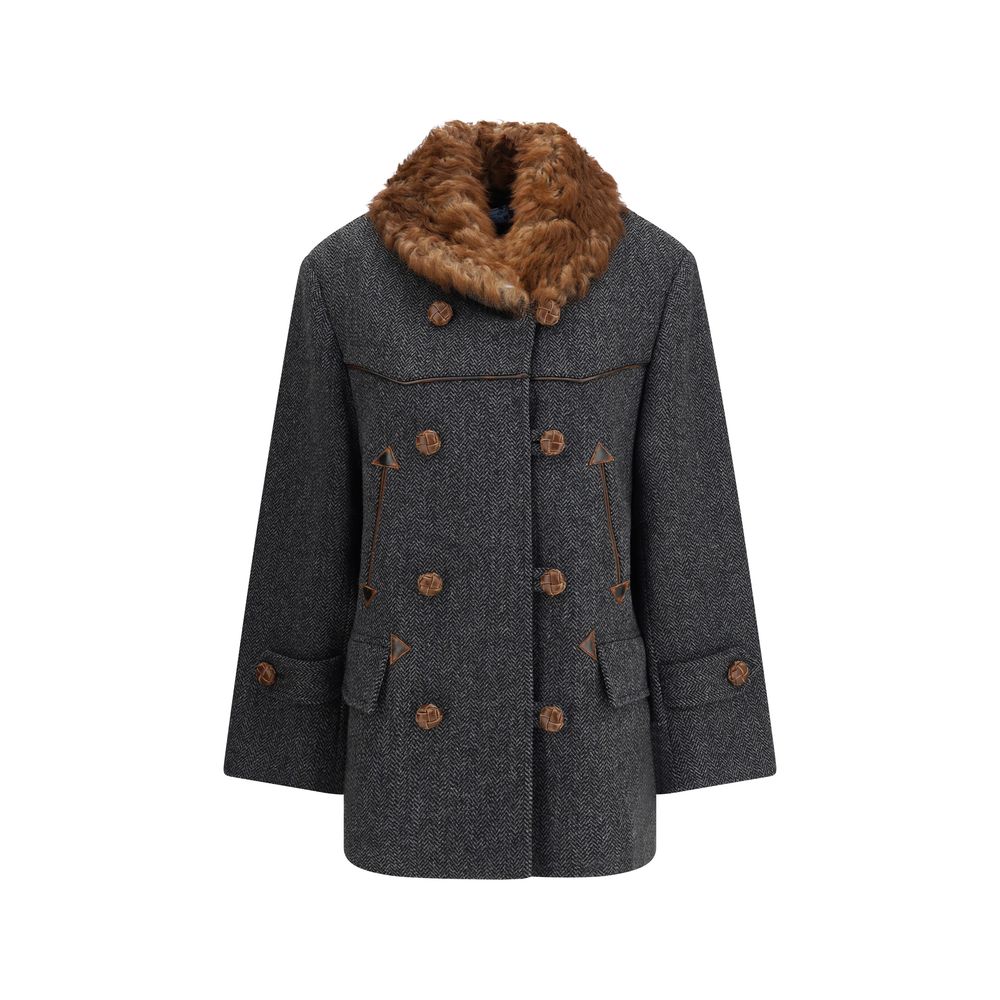 Prada Gray Fleece Wool Coat with Shearling Trim