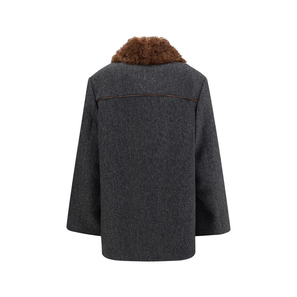 Prada Gray Fleece Wool Coat with Shearling Trim