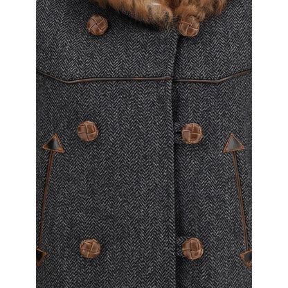 Prada Gray Fleece Wool Coat with Shearling Trim