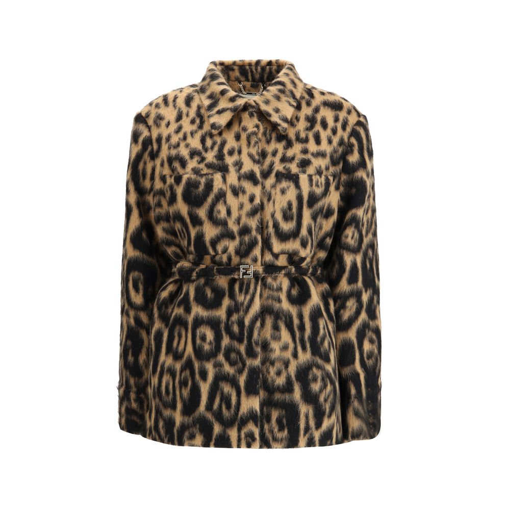 Fendi Leopard Fleece Wool Blend Jacket