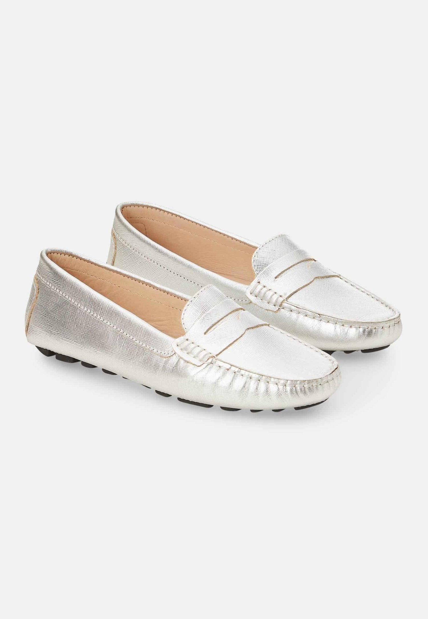 Mangará Atelier Silver Calf Leather Penny Loafers – Women’s Classic Driving Shoes