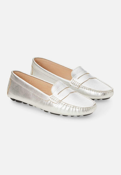 Mangará Atelier Silver Calf Leather Penny Loafers – Women’s Classic Driving Shoes