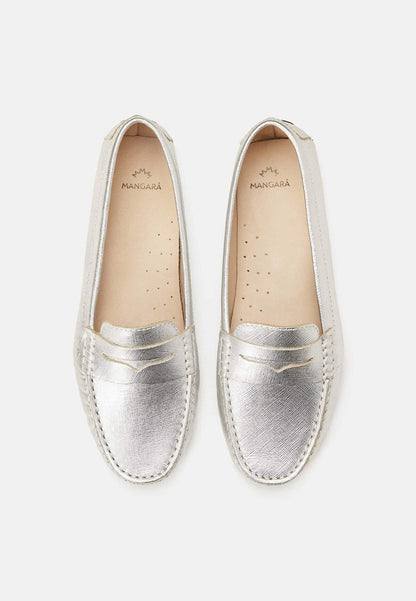 Mangará Atelier Silver Calf Leather Penny Loafers – Women’s Classic Driving Shoes