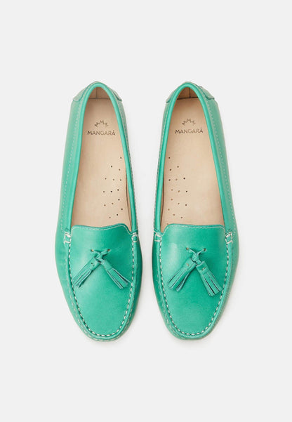 Mangará Atelier Green Calf Leather Loafers – Women’s Driving Moccasins with Tassel Detail