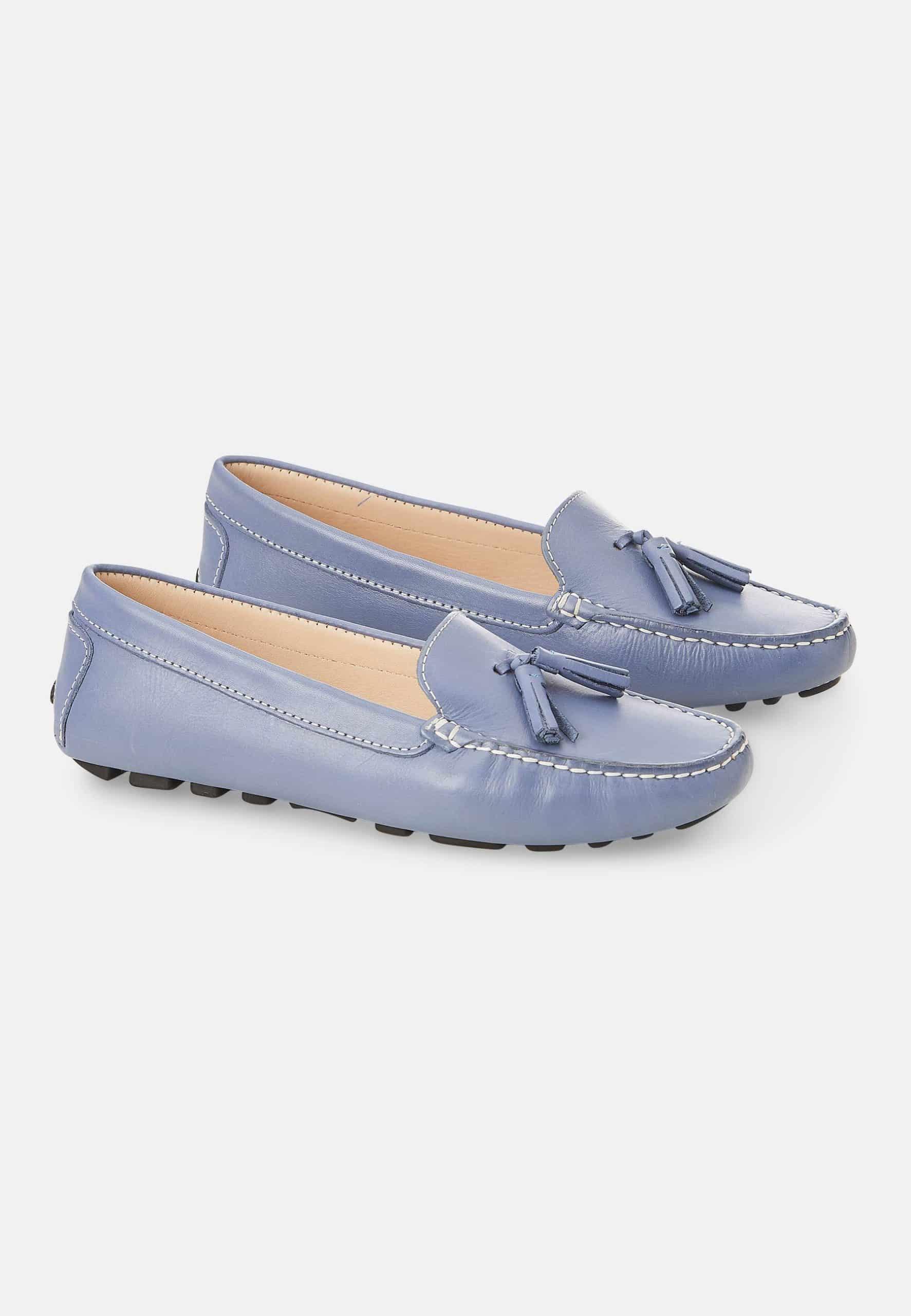 Mangará Atelier Blue Calf Leather Loafers – Women’s Driving Moccasins With Tassel Detail