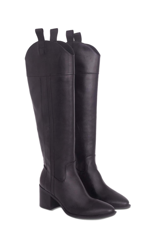 Mangará Atelier Black Calf Leather Knee-High Boots – Canna Block Heel Riding Boots