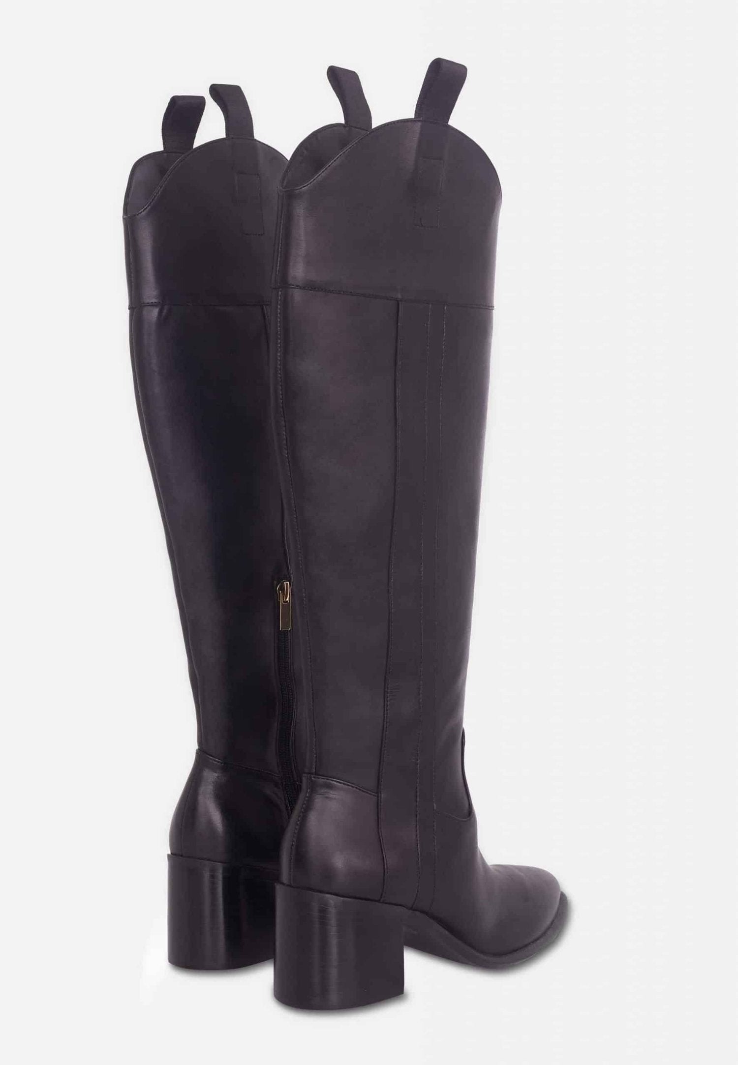 Mangará Atelier Black Calf Leather Knee-High Boots – Canna Block Heel Riding Boots