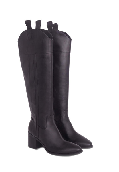 Mangará Atelier Black Calf Leather Knee-High Boots – Canna Block Heel Riding Boots