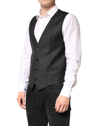 Dolce & Gabbana Black Stripes Wool Dress Men Waistcoat Vest