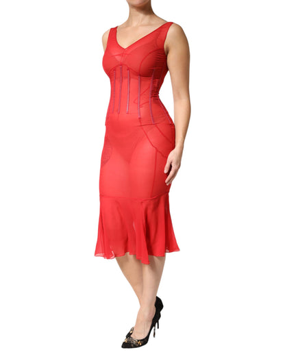 Dolce & Gabbana Red Silk Sleeveless Sheath V-neck Midi Dress