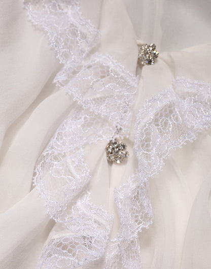 Dolce & Gabbana White Ruffles Lace Long Sleeve Blouse Top