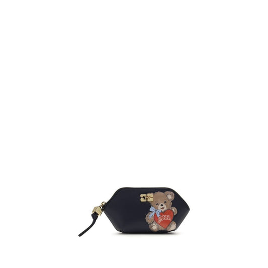 Ganni Black Recycled Leather Wallet with Teddy Bear Design