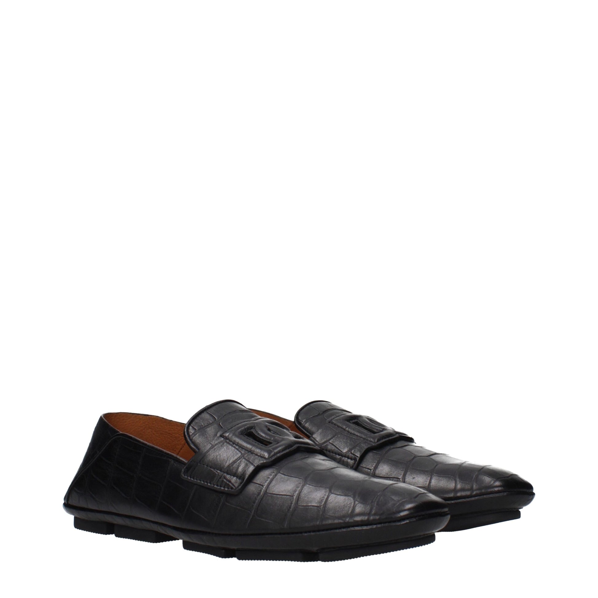 Dolce & Gabbana Black Leather Mock Croc Driver Loafers