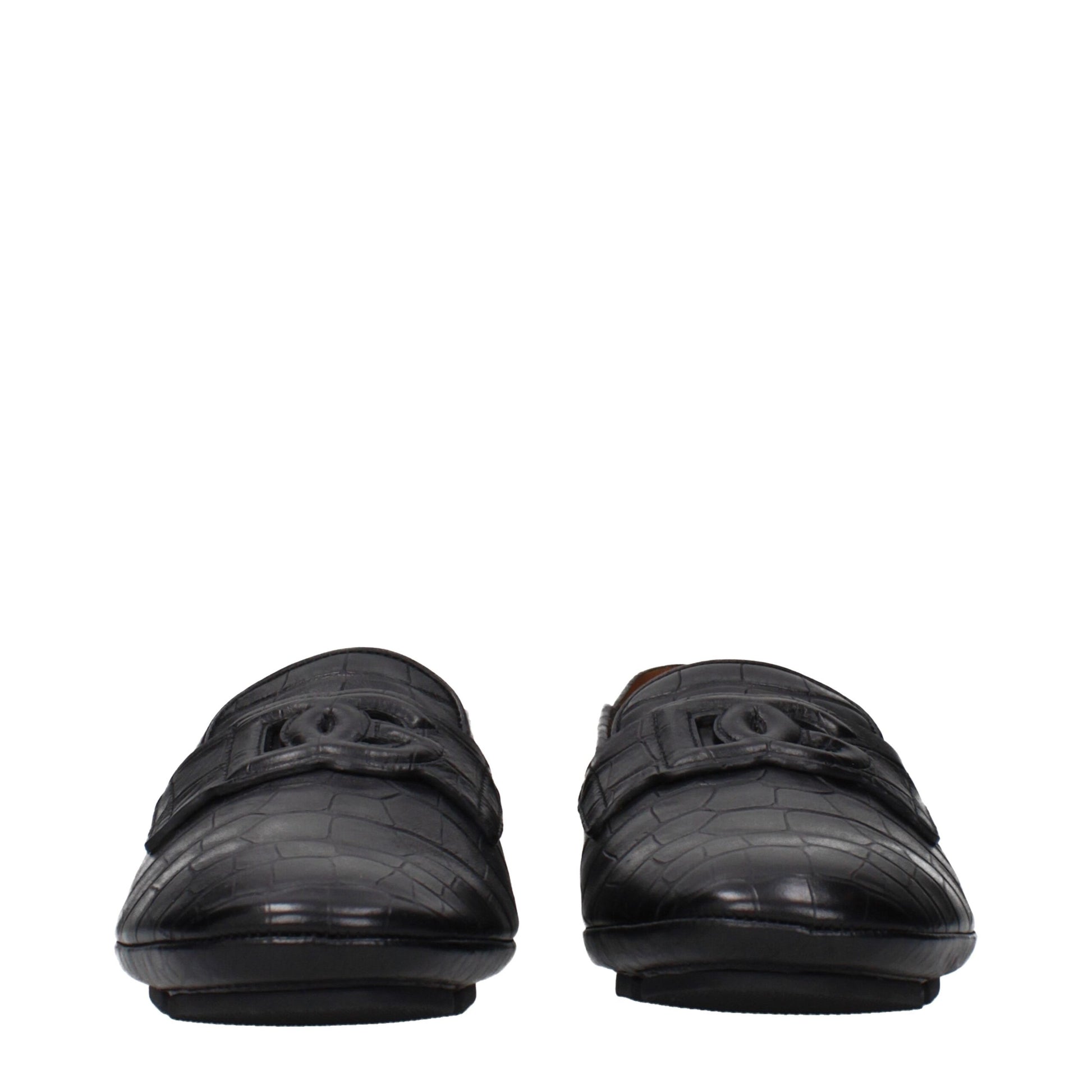 Dolce & Gabbana Black Leather Mock Croc Driver Loafers
