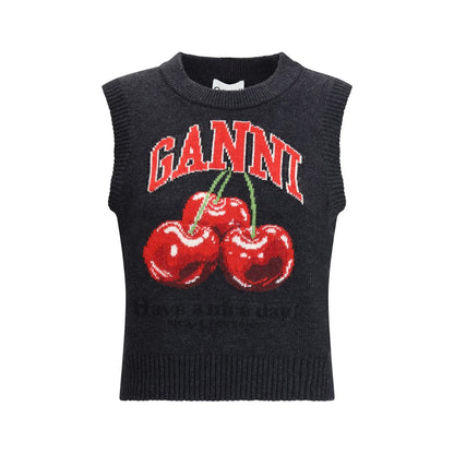 Ganni Black Wool Sweatshirt with Graphic Cherries