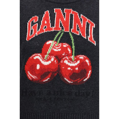 Ganni Black Wool Sweatshirt with Graphic Cherries