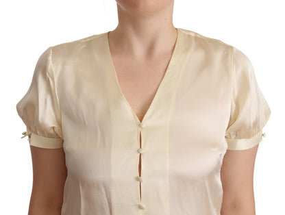 L'Autre Chose Blouse Off White Silk Short Sleeves V-neck Top