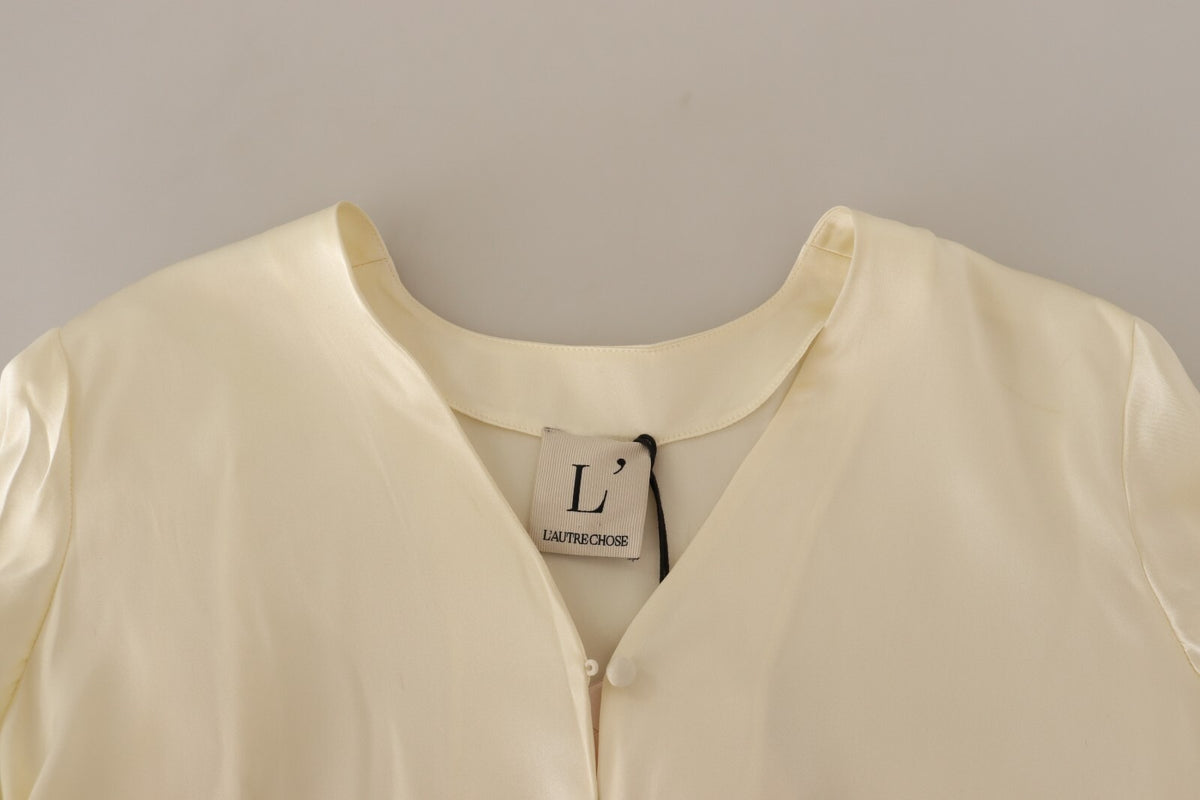 L'Autre Chose Blouse Off White Silk Short Sleeves V-neck Top
