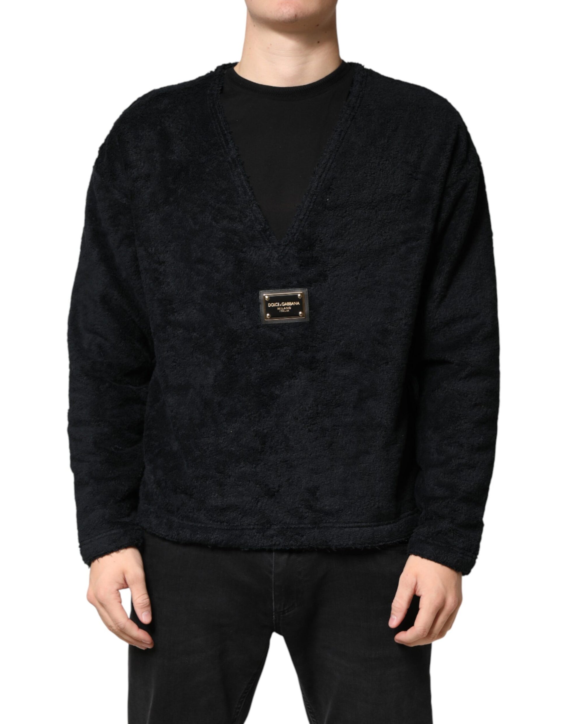 Dolce & Gabbana Black Cotton V-Neck Men Sweatshirt