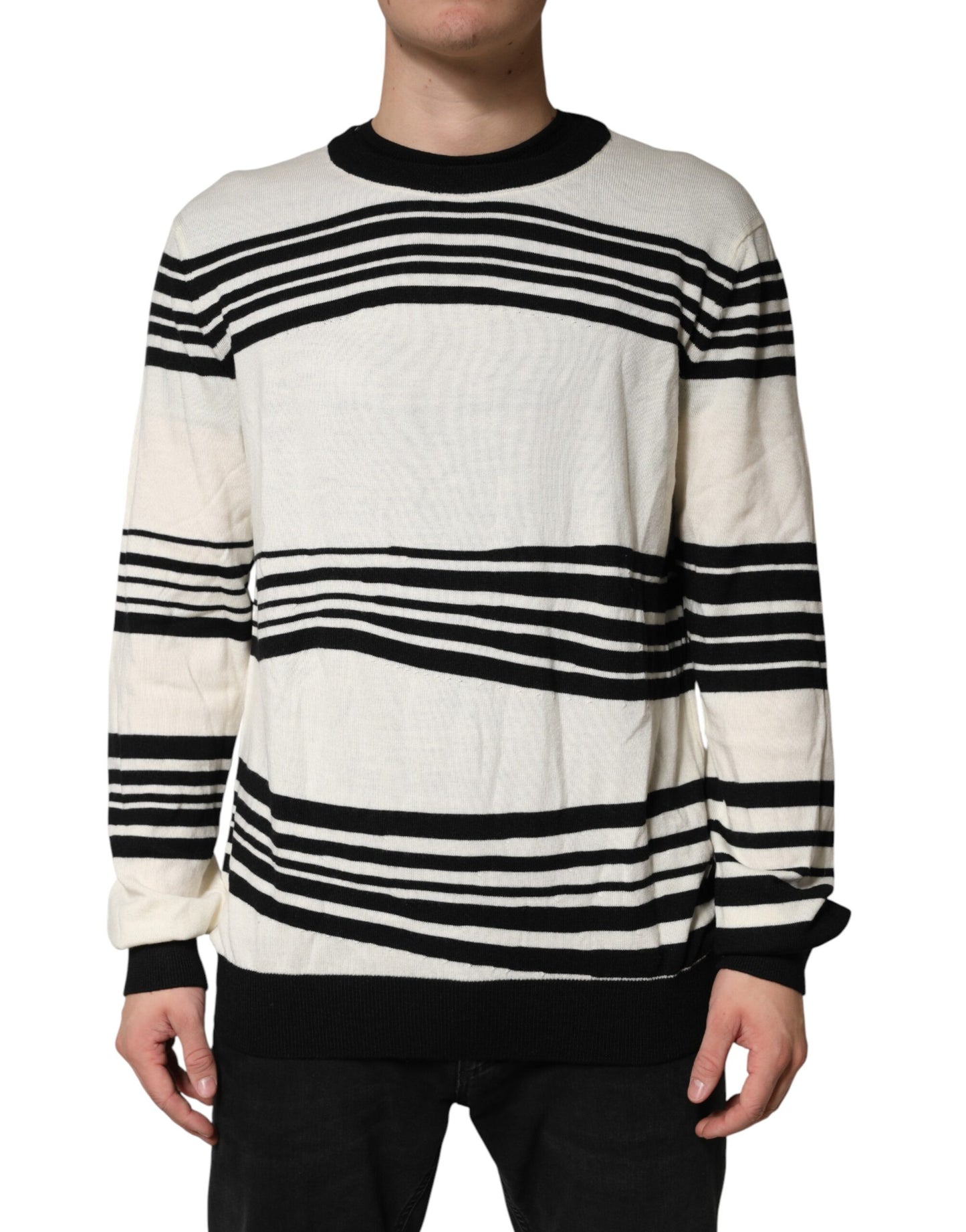Dolce & Gabbana Black White Stripe Crew Neck Pullover Sweater