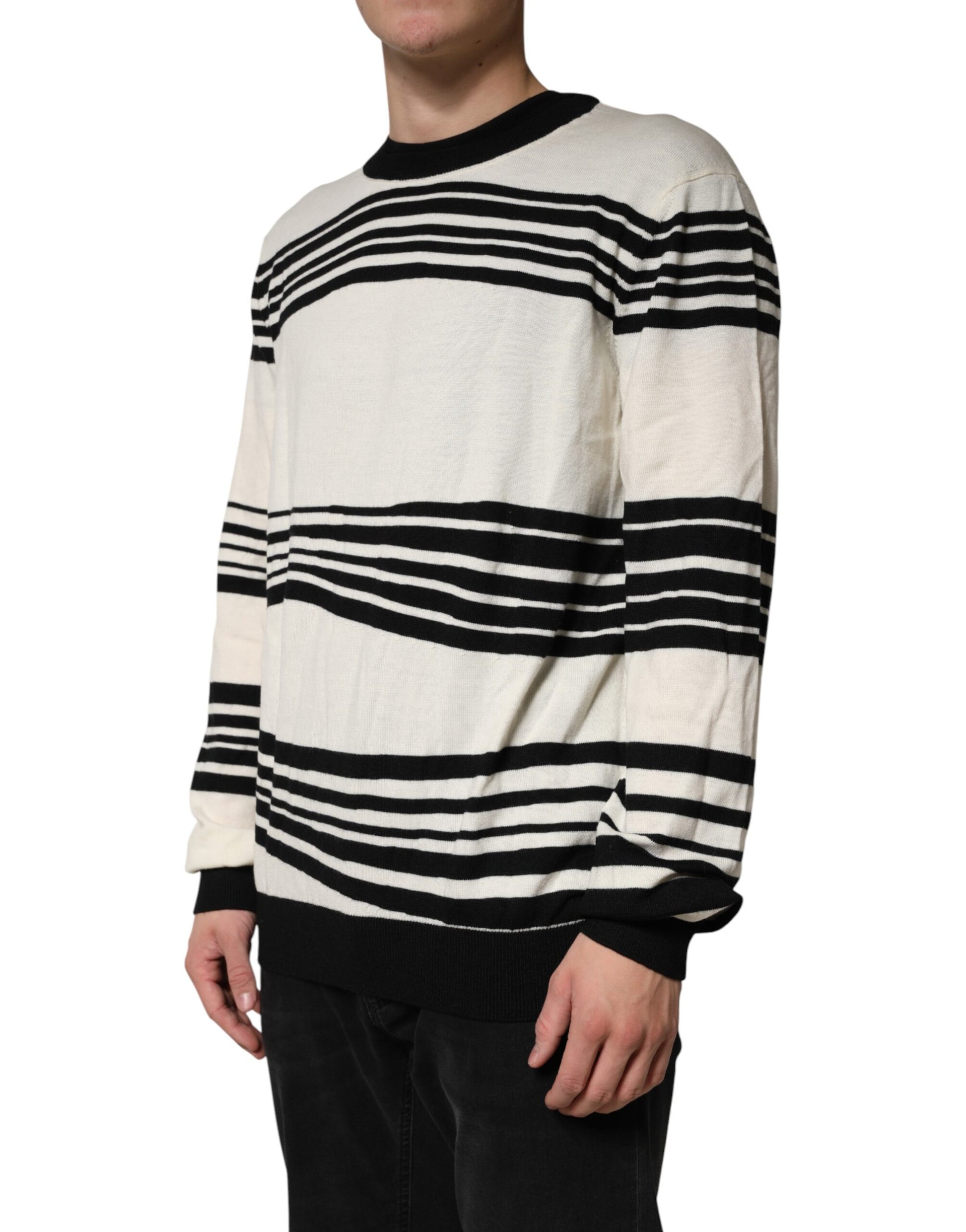Dolce & Gabbana Black White Stripe Crew Neck Pullover Sweater