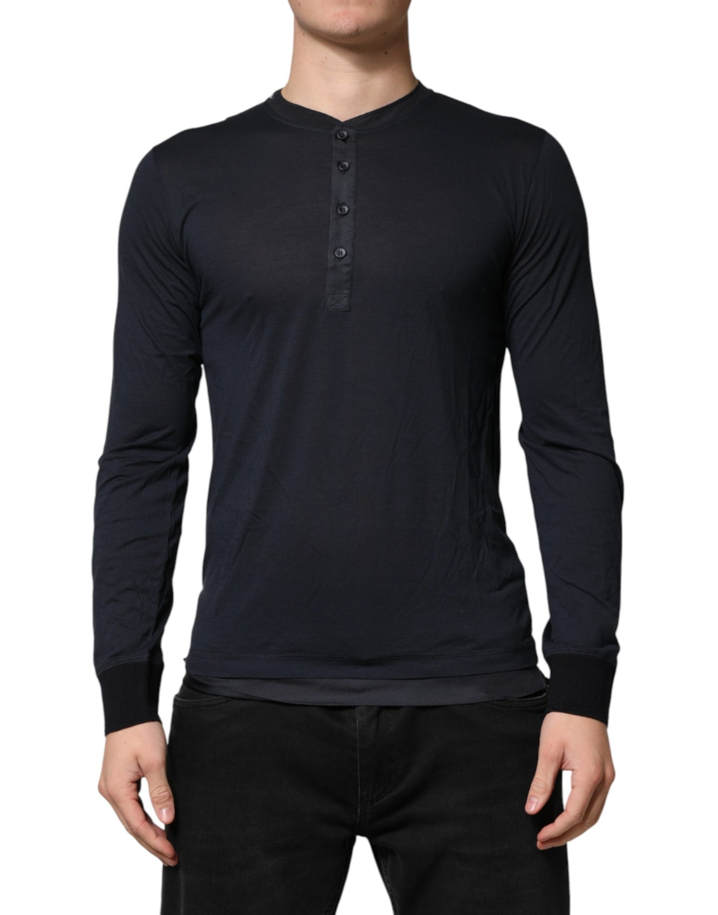 Dolce & Gabbana Dark Blue Cotton Henley Long Sleeves T-Shirt