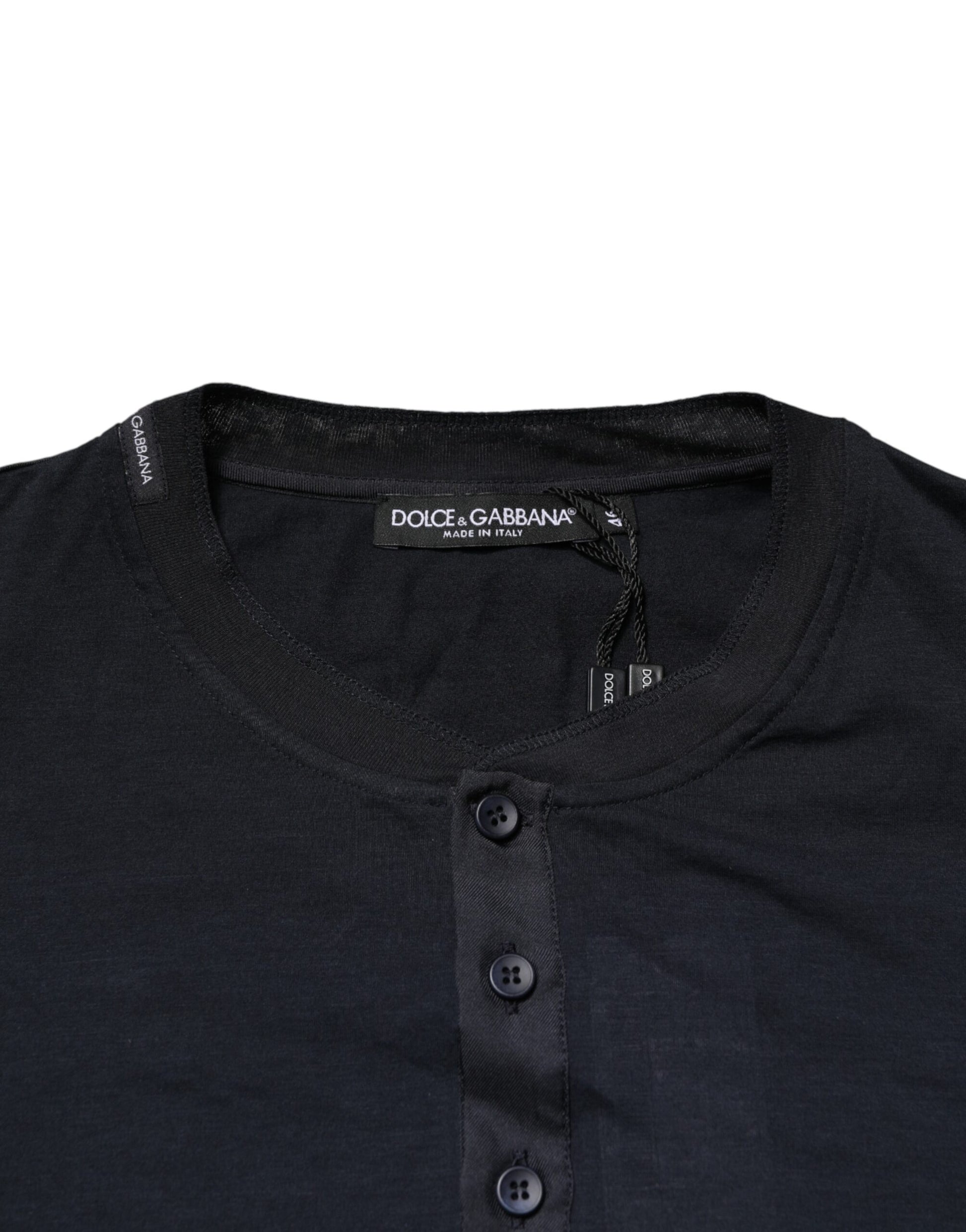 Dolce & Gabbana Dark Blue Cotton Henley Long Sleeves T-Shirt
