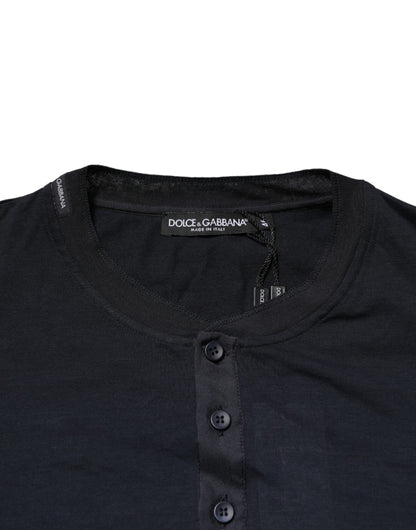 Dolce & Gabbana Dark Blue Cotton Henley Long Sleeves T-Shirt