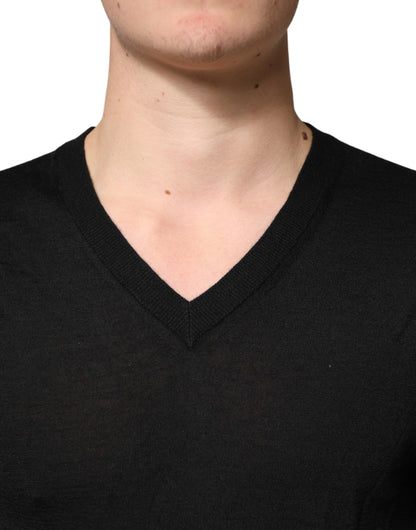 Dolce & Gabbana Black Cashmere V-Neck Men Pullover Sweater
