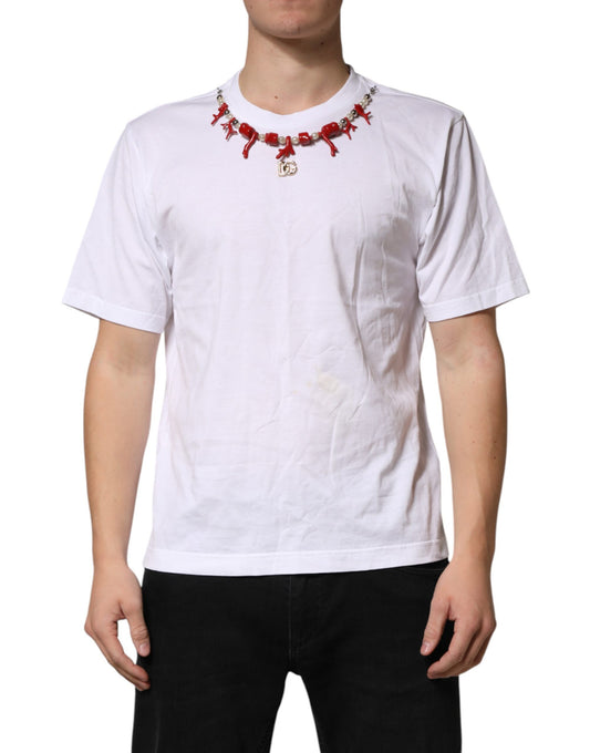 Dolce & Gabbana White Cotton Necklace Embellished T-shirt