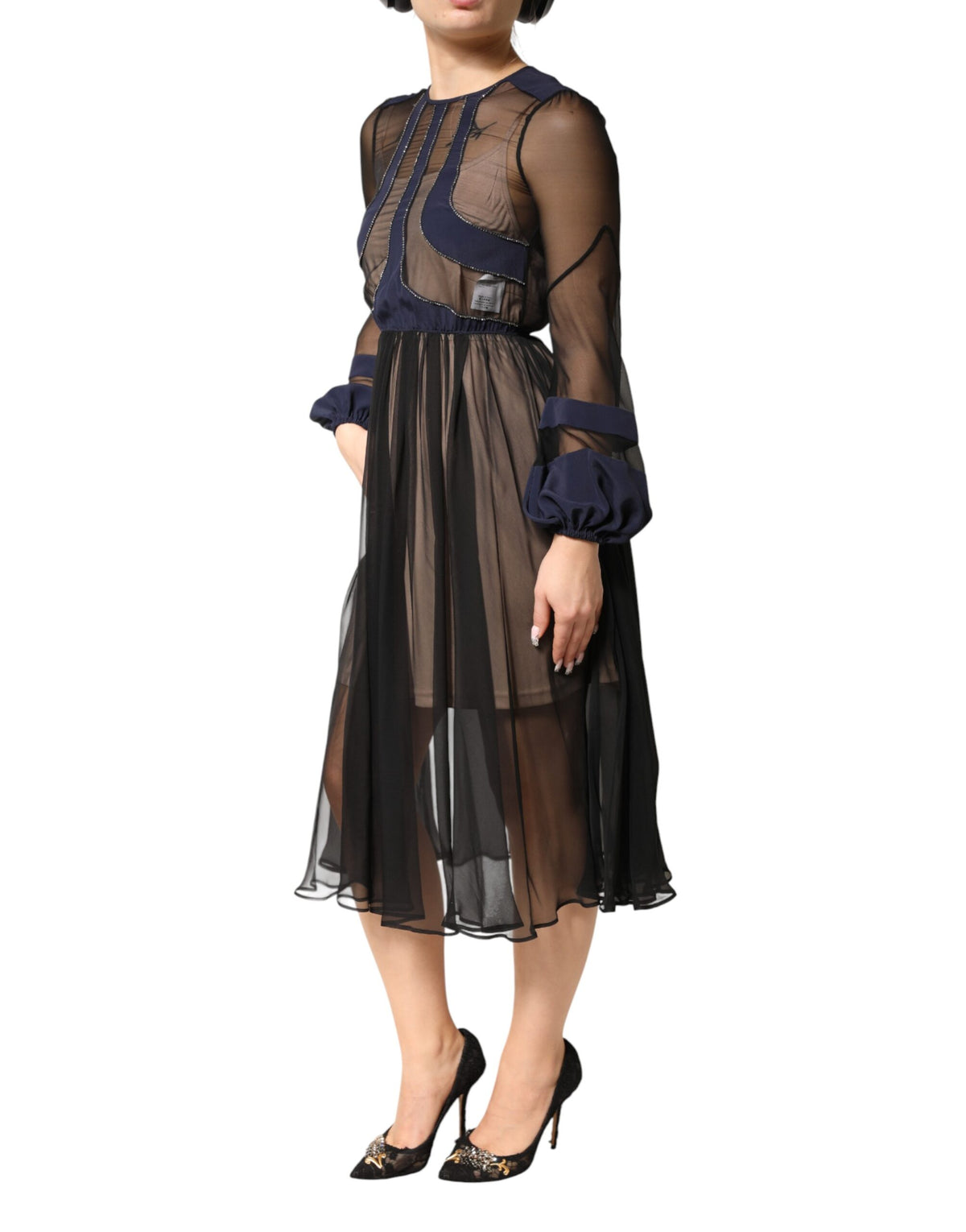 N.21 Blue Long Sleeves Sheer Silk Sheath A-line Midi Dress