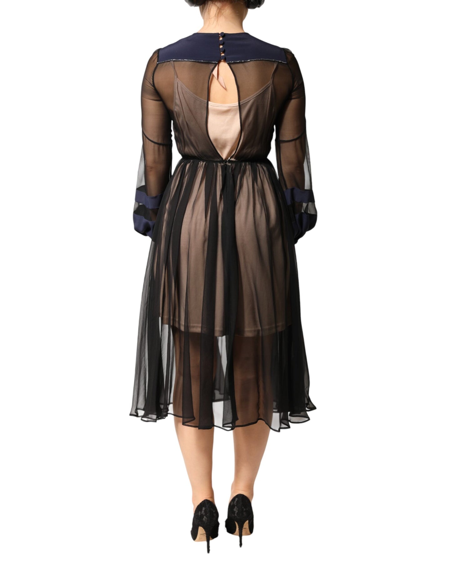 N.21 Blue Long Sleeves Sheer Silk Sheath A-line Midi Dress